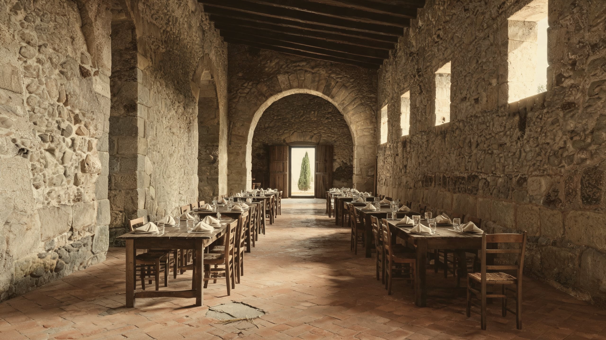 The restaurant inside the old stone stables: arches, long wooden tables and daylight