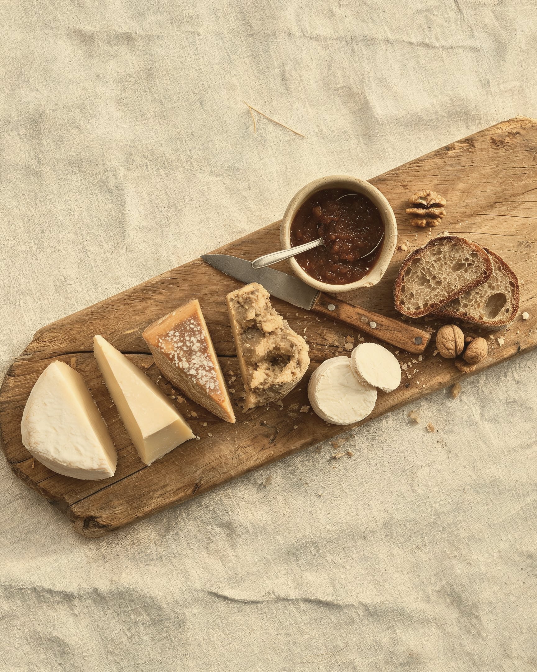 A board of five sheep's cheeses from fresh to pit-aged, with fig mostarda and farm bread