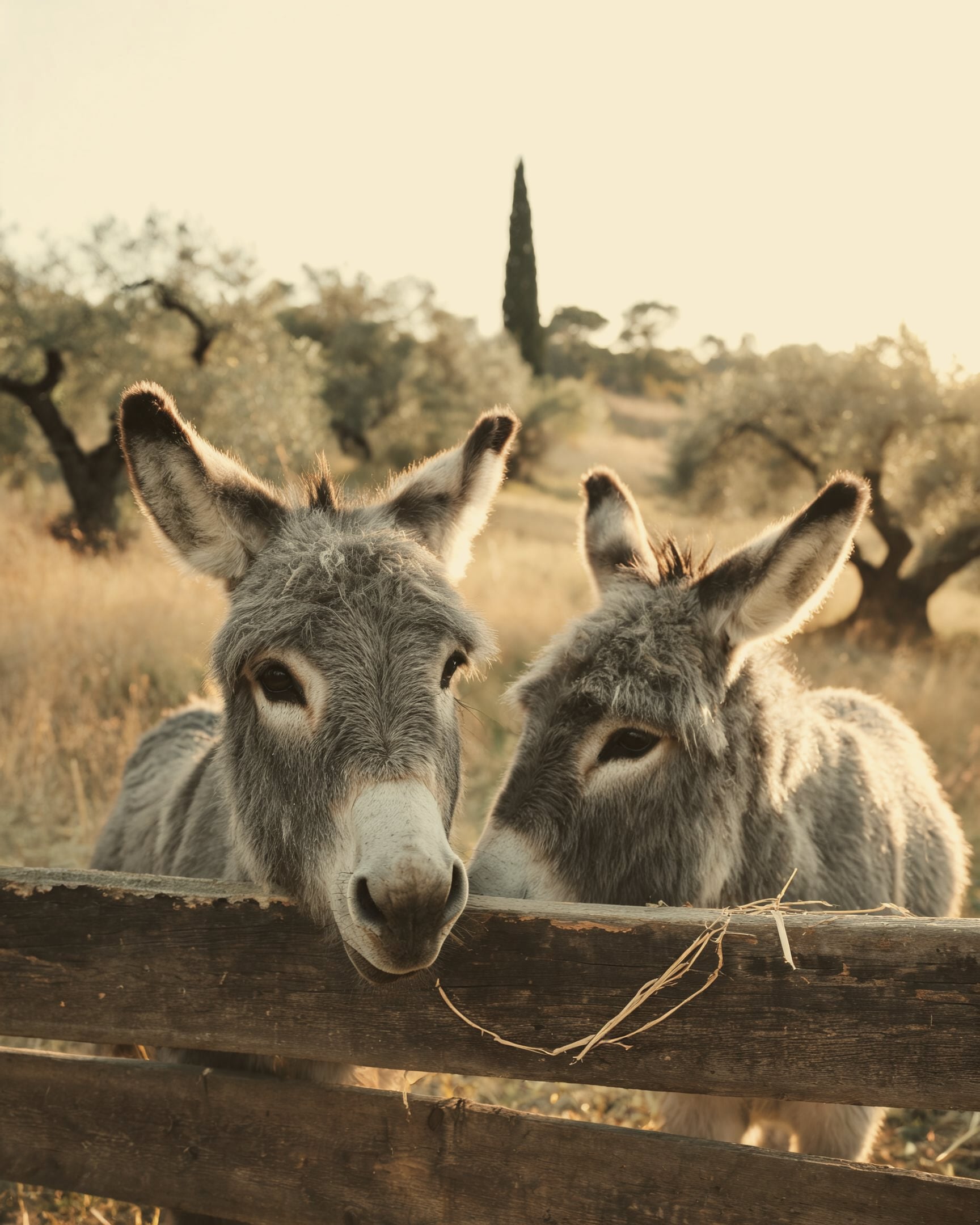 The farm's two grey donkeys leaning on a wooden fence