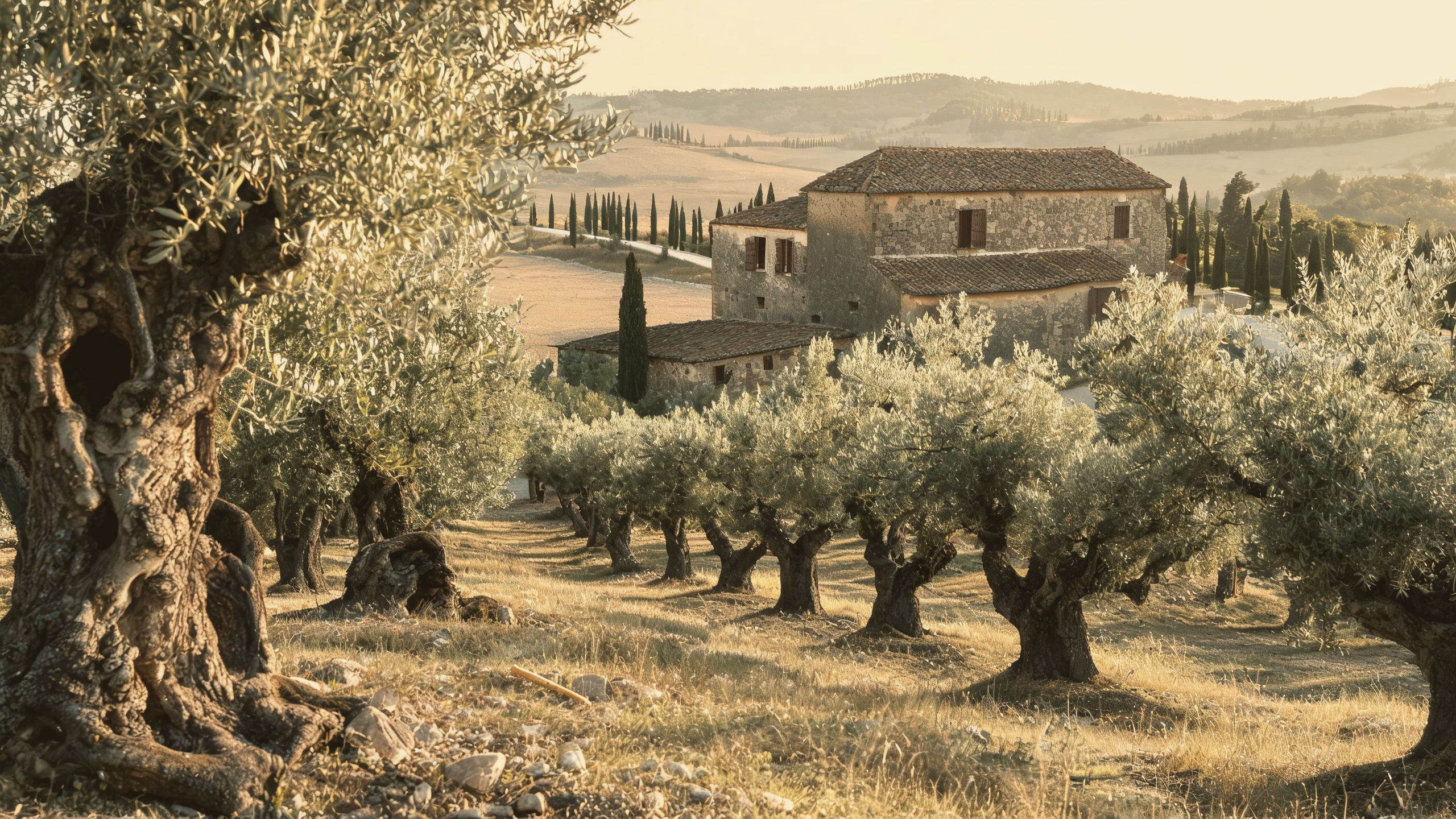 Ancient olive trees in evening light, the farmhouse beyond