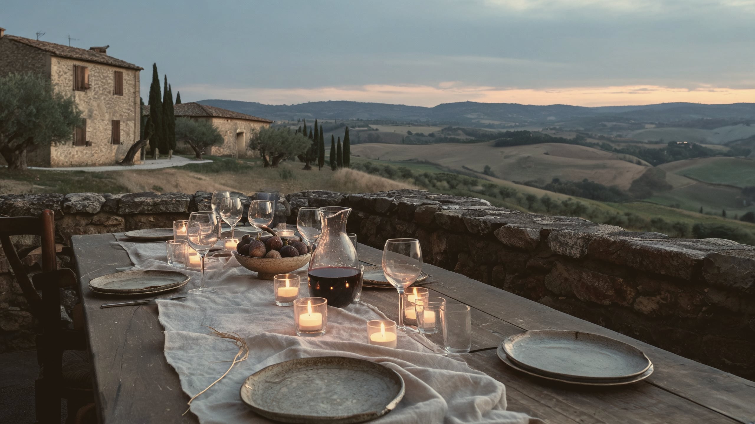 The terrace set for dinner at dusk, candles on a long wooden table above the valley
