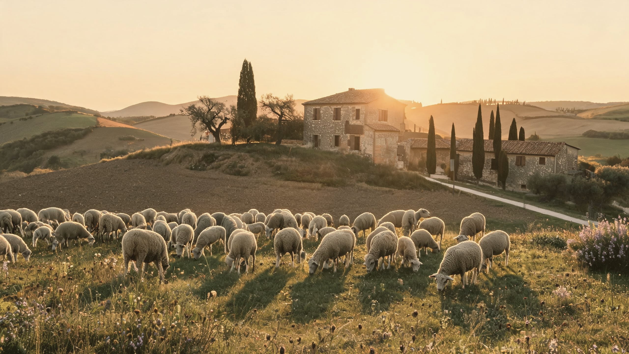 The flock grazing a hill pasture in golden evening light below the farmhouse