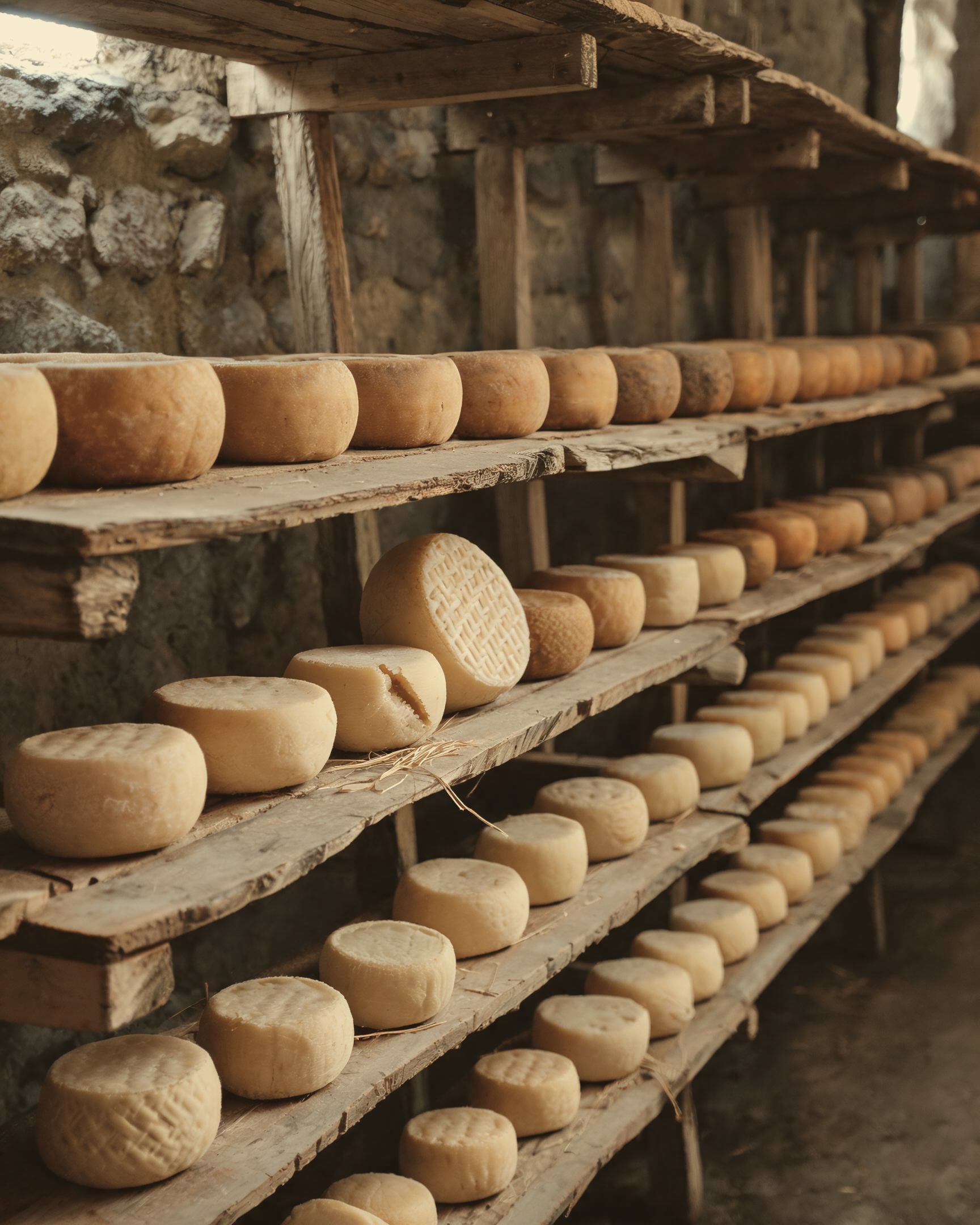 Rows of pecorino wheels ageing on old wooden planks