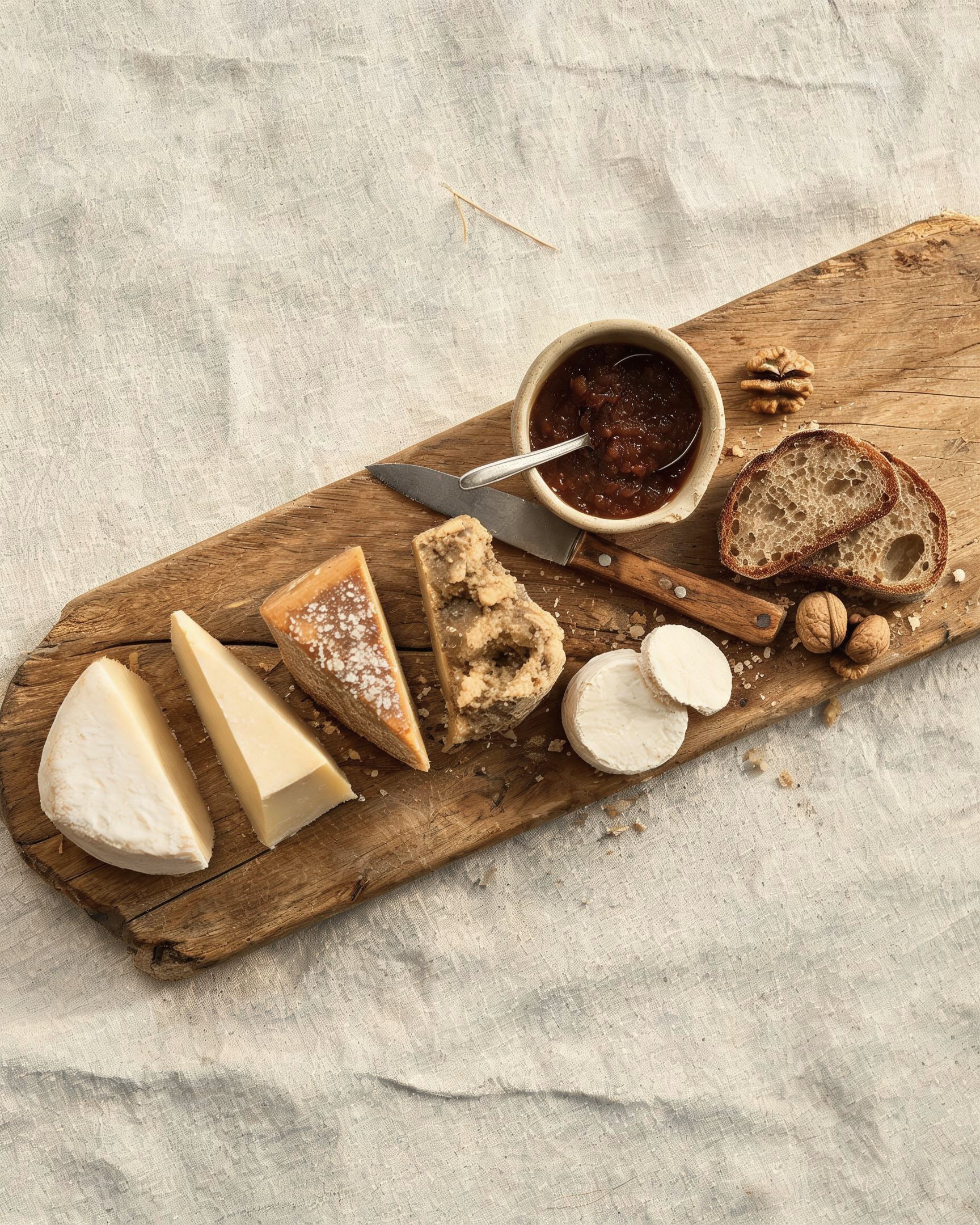 A board of five sheep's cheeses from fresh to pit-aged, with fig mostarda and farm bread
