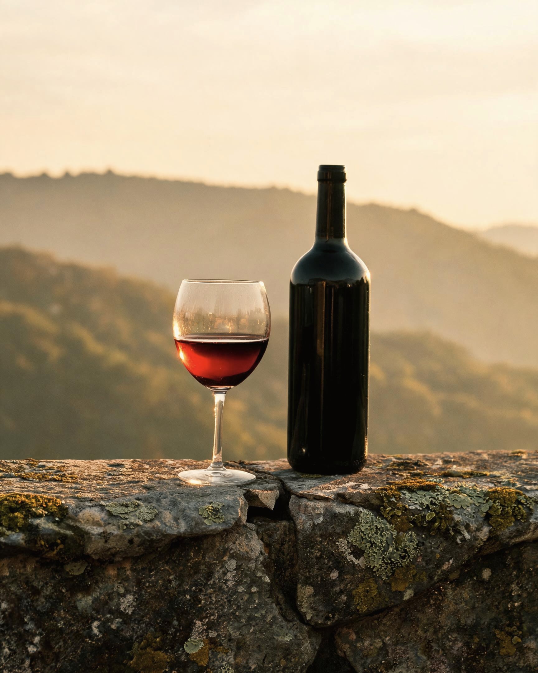 A glass of red wine and a bottle on a stone wall above the valley at sunset