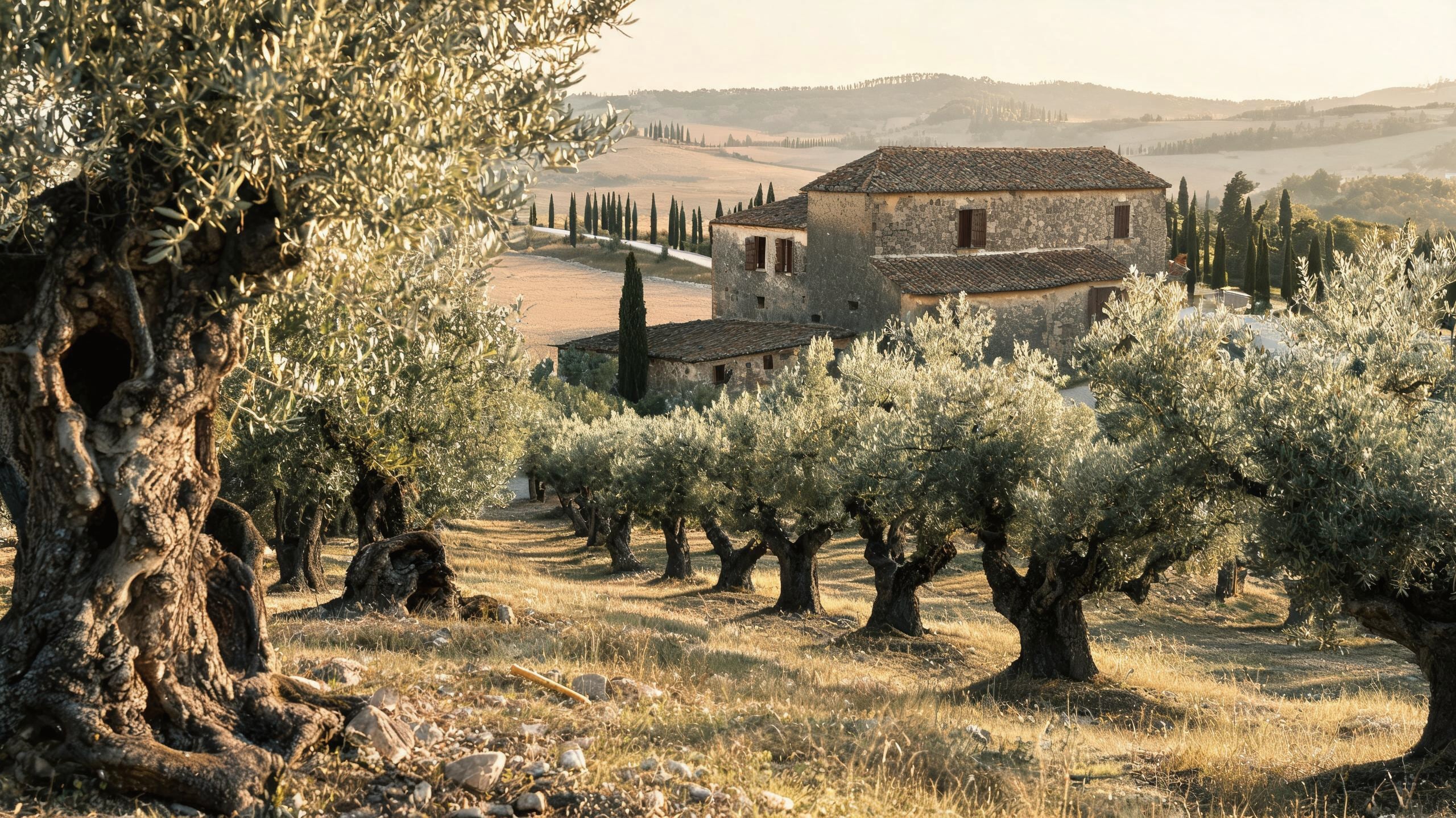 Ancient olive trees in evening light, the farmhouse beyond