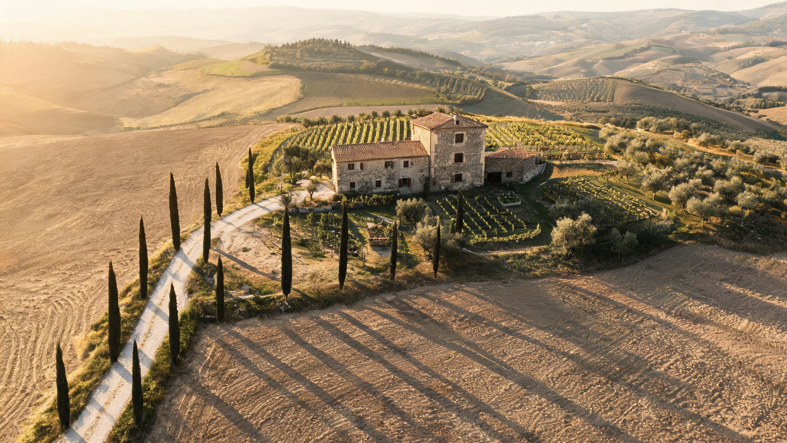Aerial view of the farm: house, vineyard, olive grove and the cypress-lined track