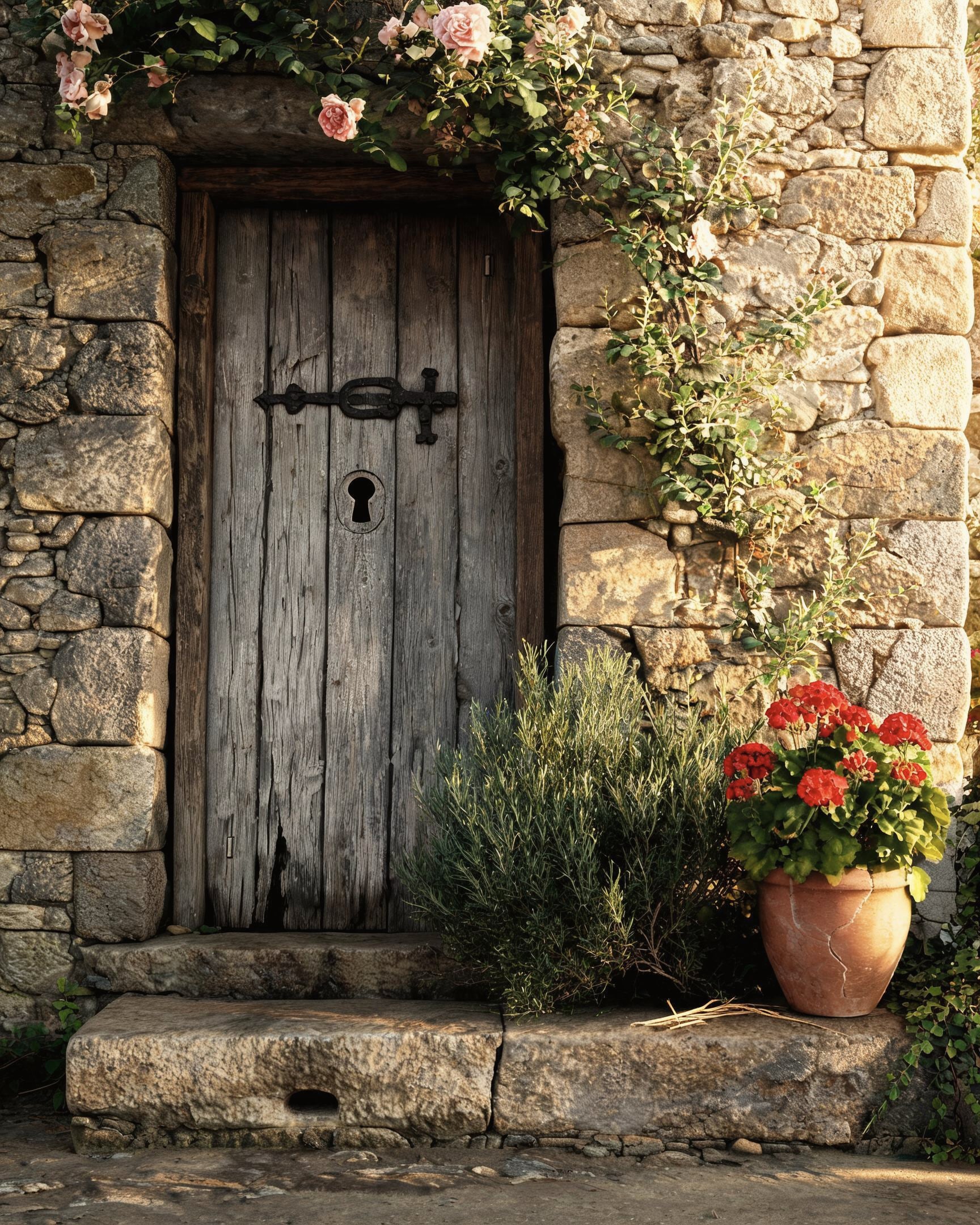An old farmhouse door in a stone wall, with rosemary and a pot of geraniums