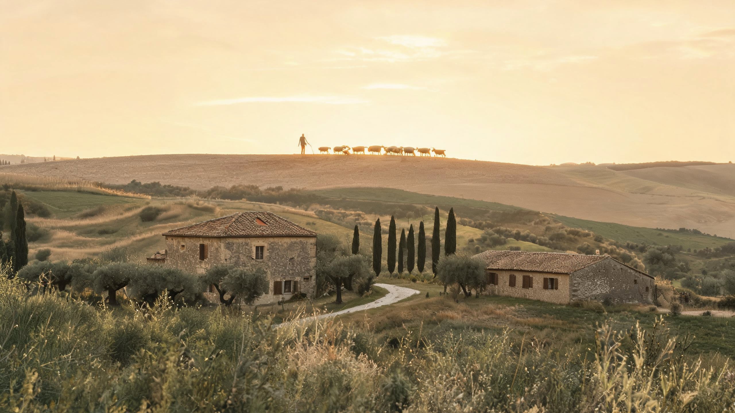 A shepherd and the flock on the ridge above the farm at golden hour