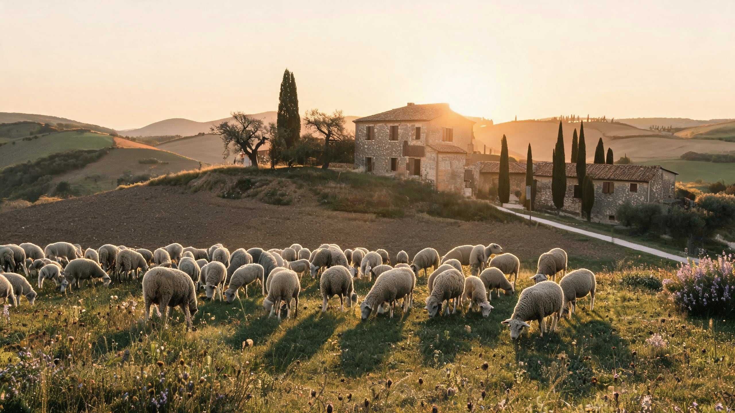 The flock grazing a hill pasture in golden evening light below the farmhouse