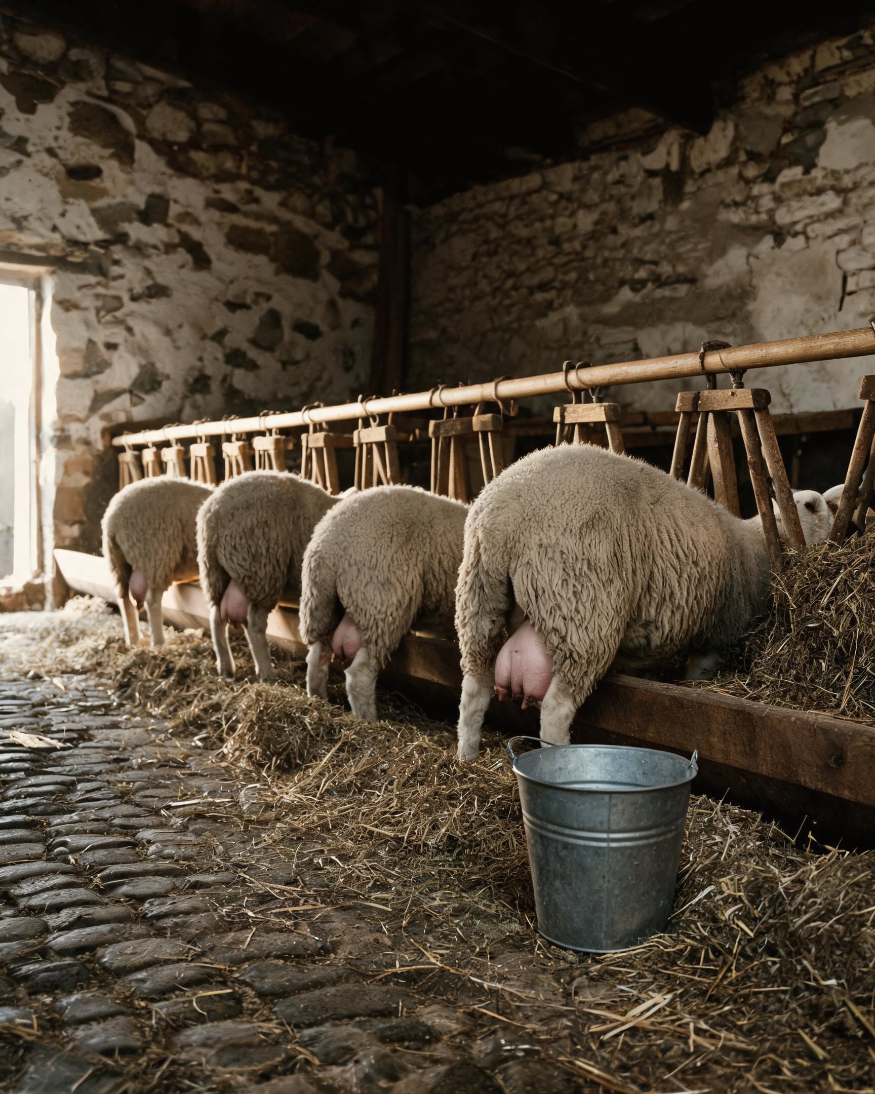 Sheep lined up at the wooden milking stand in the old stone stable, a steel pail on the straw