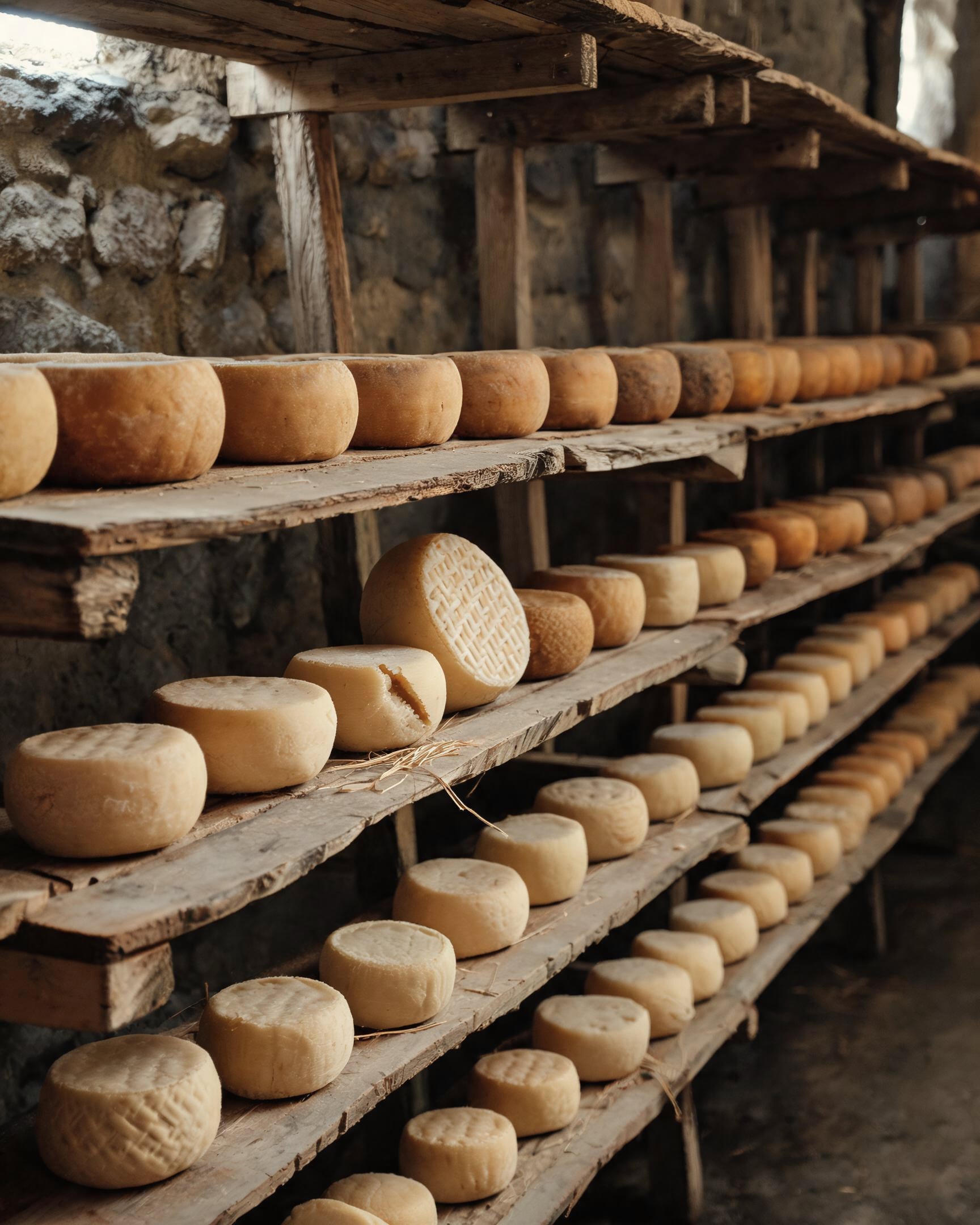 Rows of pecorino wheels ageing on old wooden planks