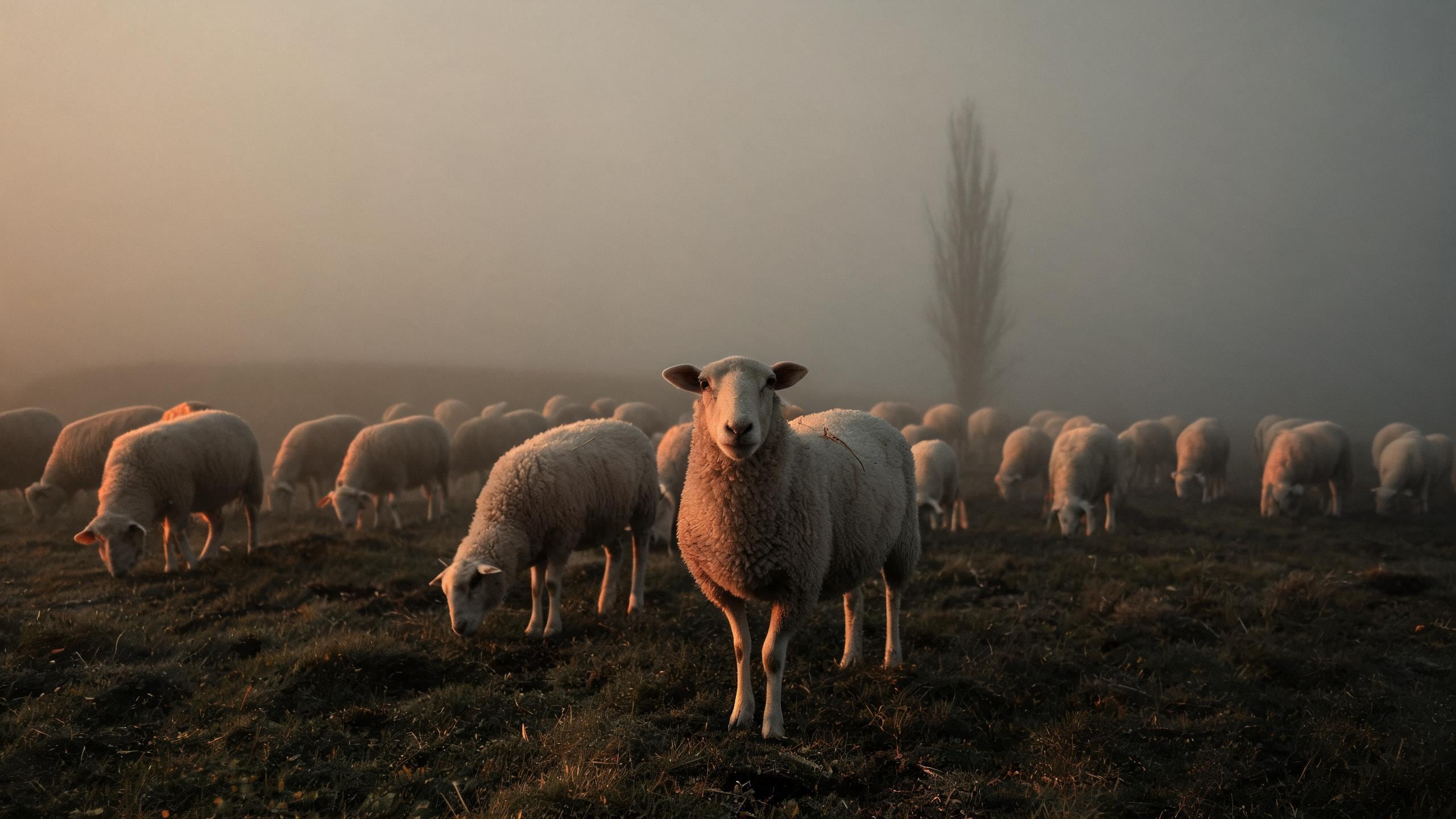The flock grazing in evening fog, one sheep looking up