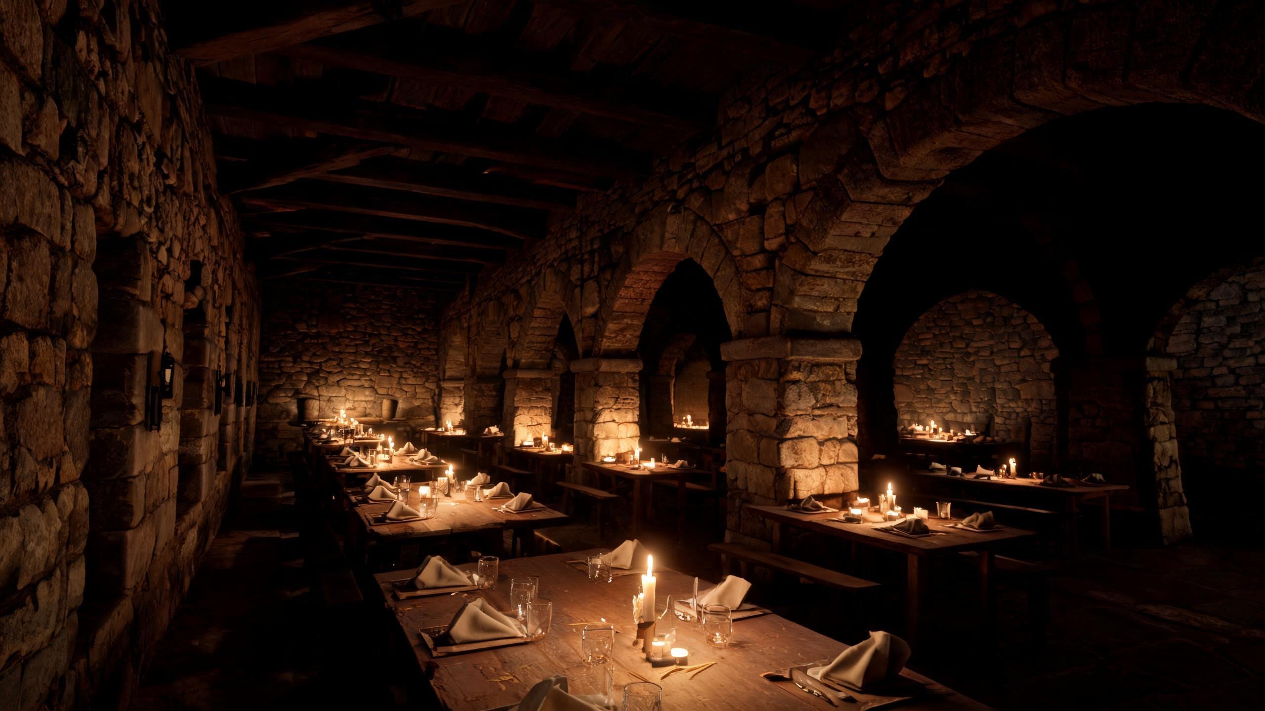 The stable dining room at night, lit only by candles