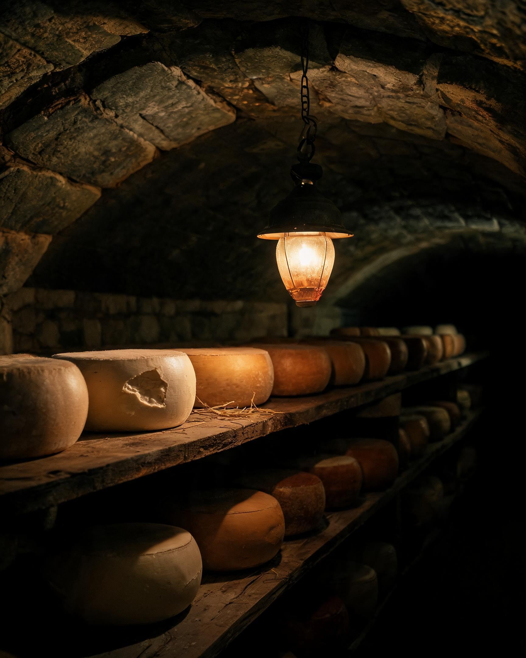 Pecorino wheels on shelves in a vaulted cellar under a single lamp