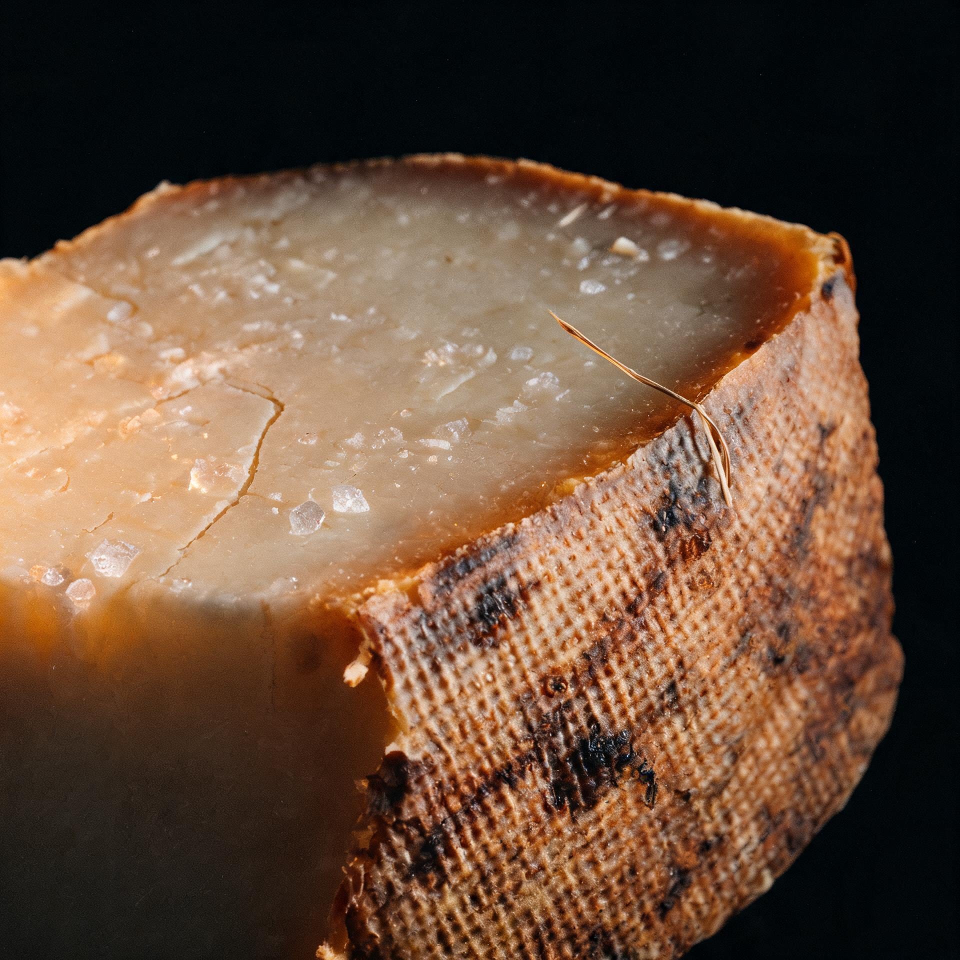 Close-up of pit-aged pecorino: the crumbly paste and the cloth-marked rind