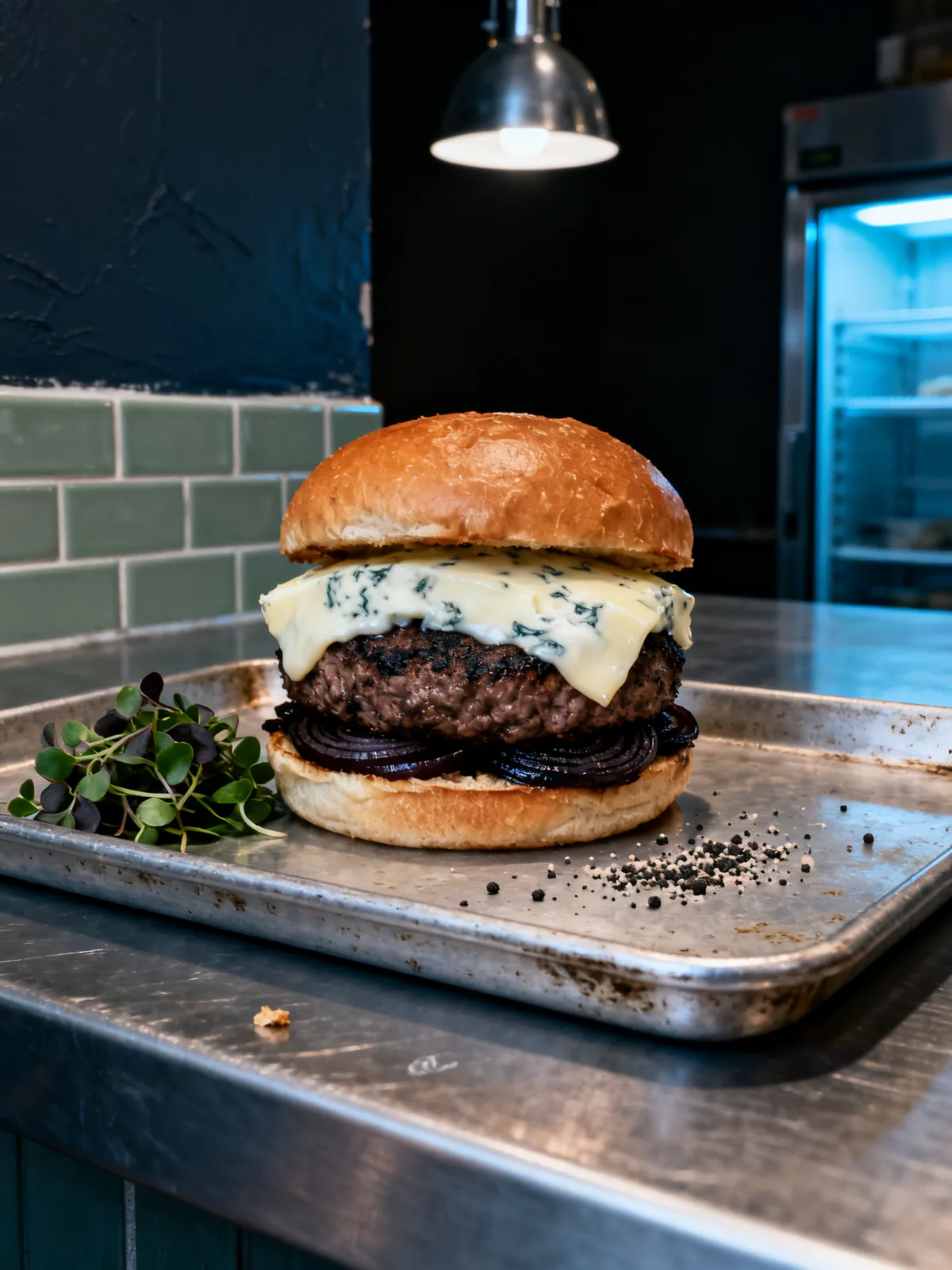 The Blue Room: a dry-aged patty under half-melted blue-veined cheese with confit shallot.