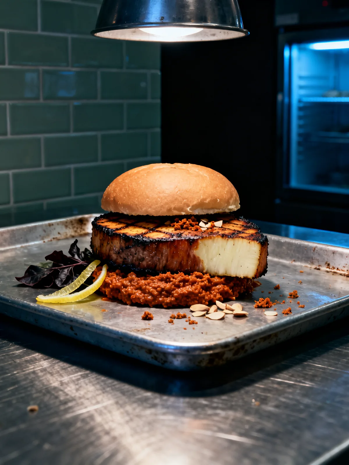 Celeriac and Smoked Almond: a thick charred celeriac steak over rust-red romesco on a steel tray.