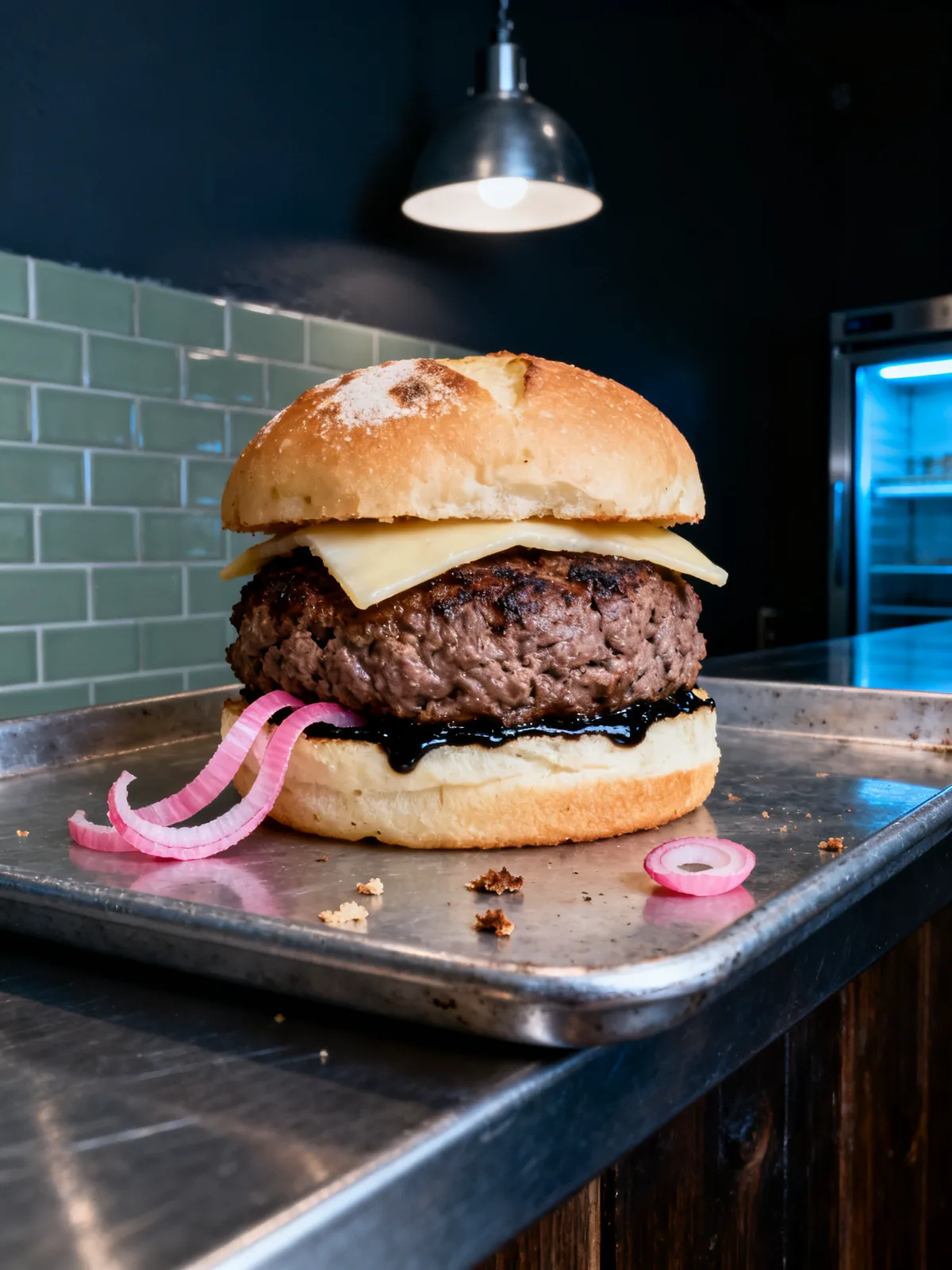 The Forty-Five: a thick dry-aged patty with pale melted alpine cheese and pickled shallot on a steel tray.