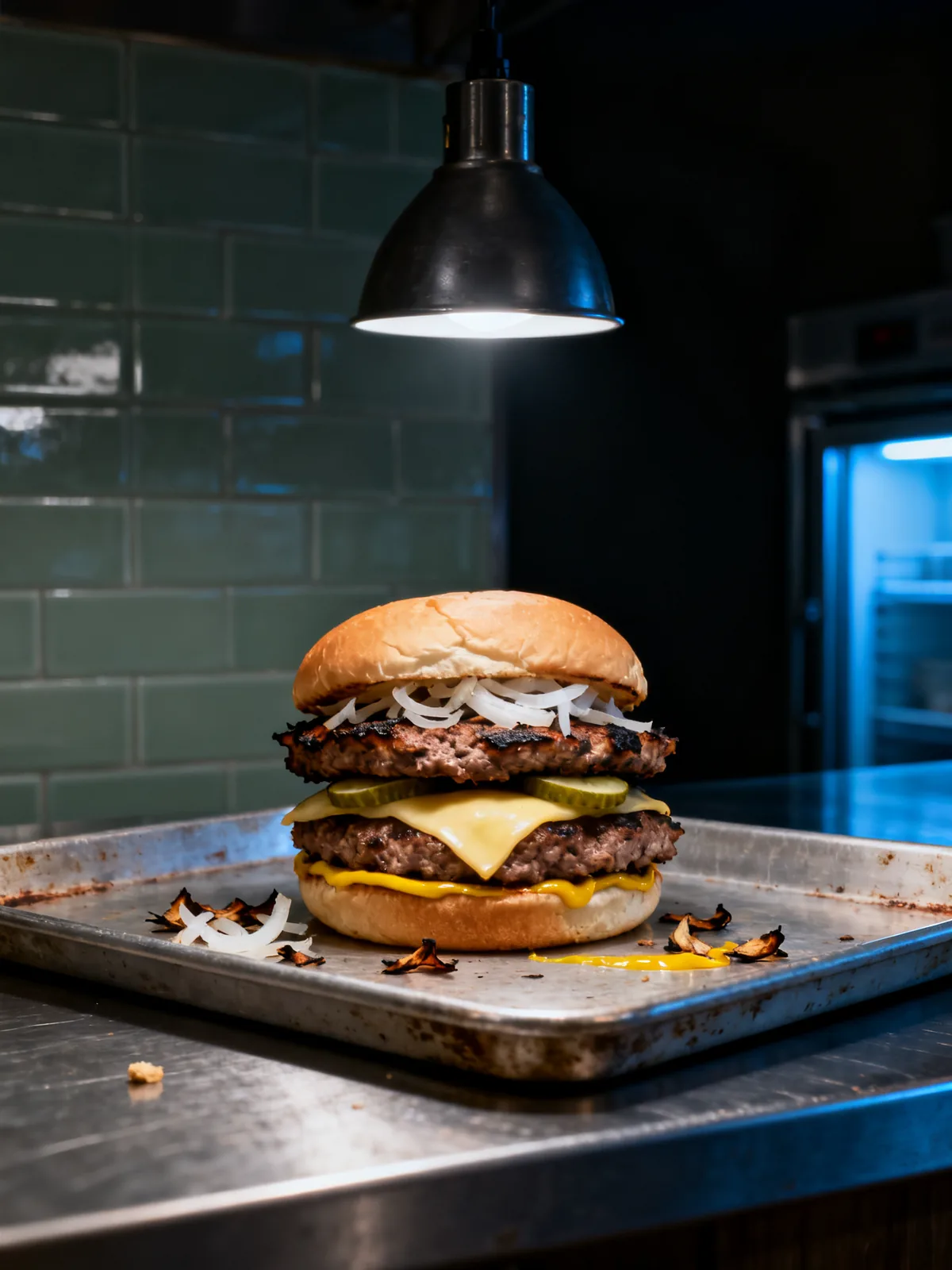 Onion Smash: two thin patties with charred onion pressed into the crust, cheese and pickles.