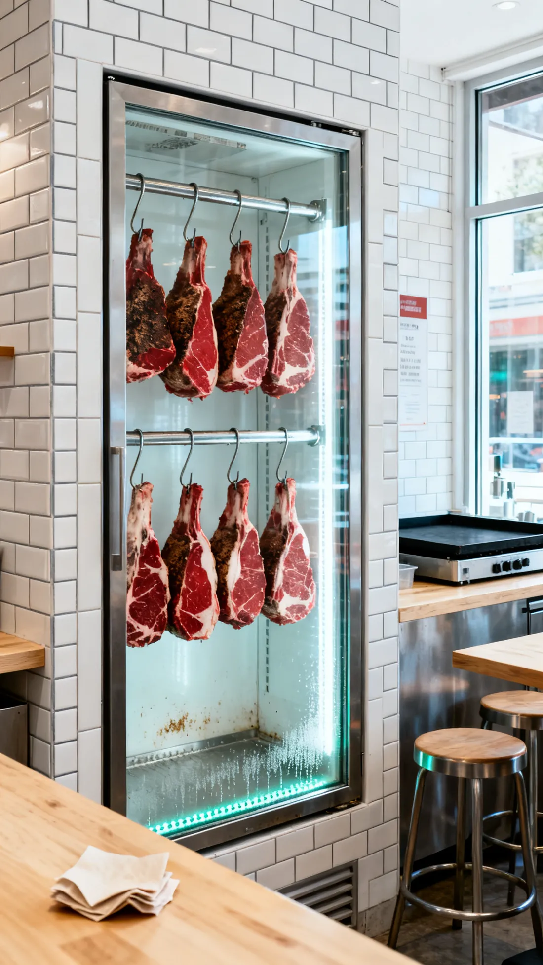 Whole beef cuts hanging on steel hooks inside the glass-fronted aging cabinet, set into the white-tiled wall.
