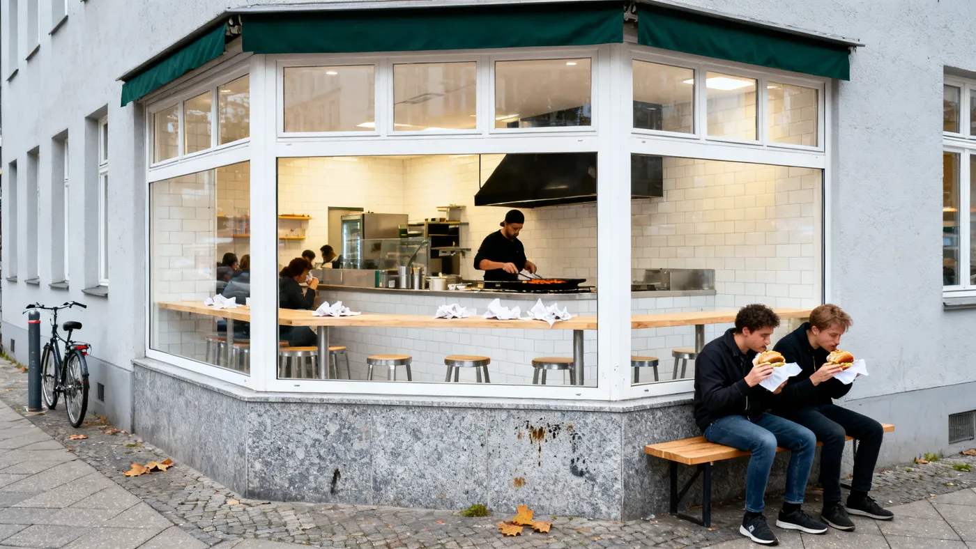 The corner shop on an overcast afternoon: big windows onto the white-tiled counter, two people eating burgers on the bench outside.
