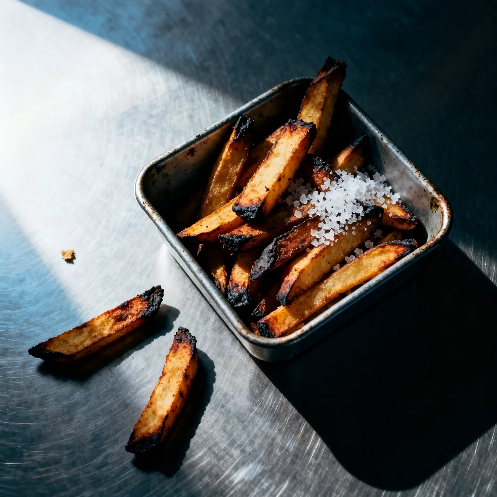 Hand-cut fries with blackened ends and coarse salt in a battered steel tray, shot from above.