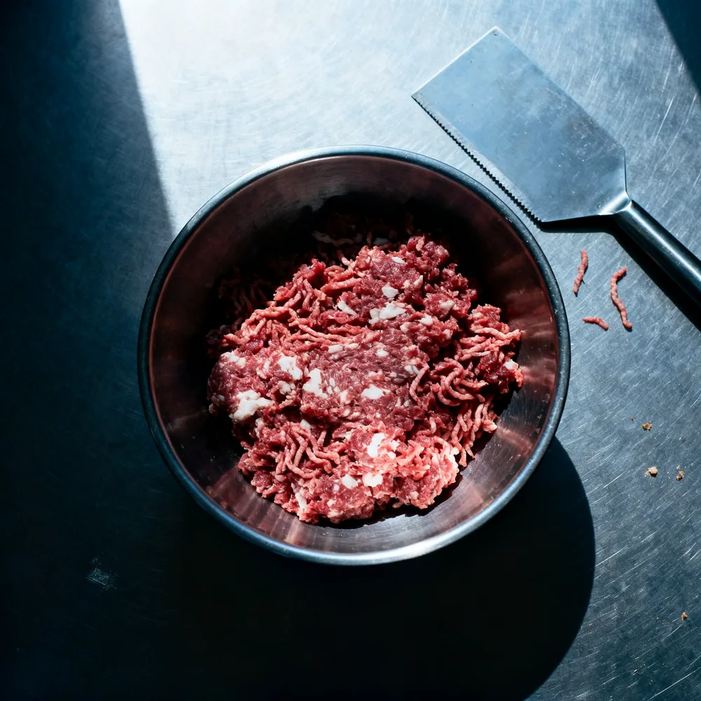 Coarsely ground beef in a steel bowl beside a bench scraper, shot from above on the steel counter.