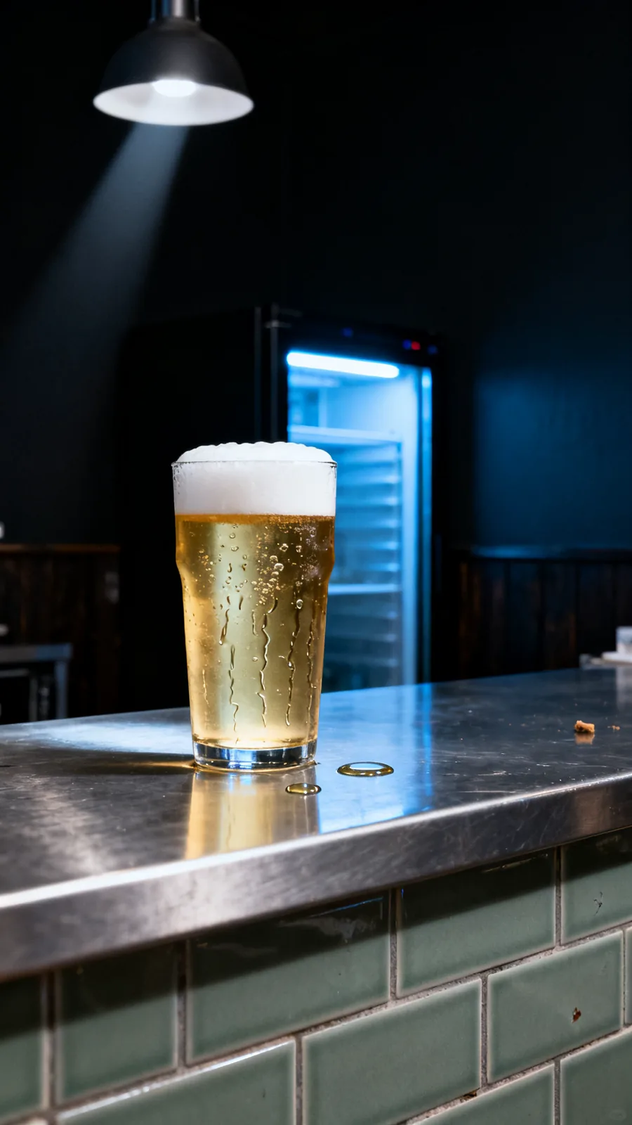 A freshly poured glass of pale lager on the steel counter, lit from behind by the cold room.