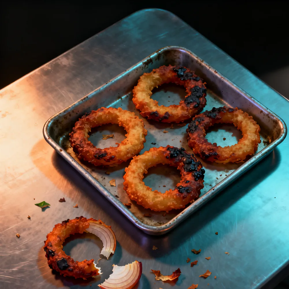 Six thick battered onion rings, darkly cooked, lying flat in a steel tray.