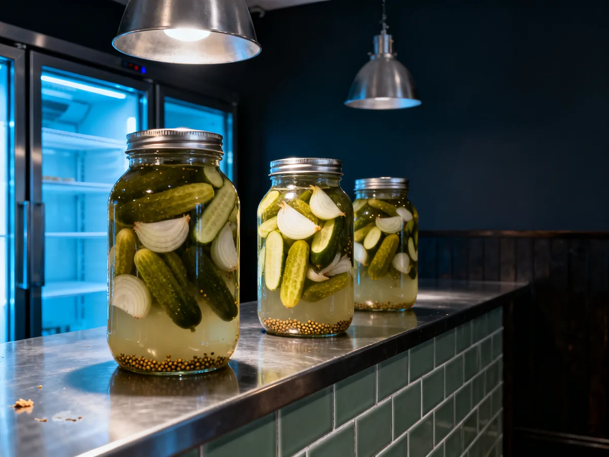 Three glass jars of house pickles in a row on the steel counter, lit from behind by the cold room.