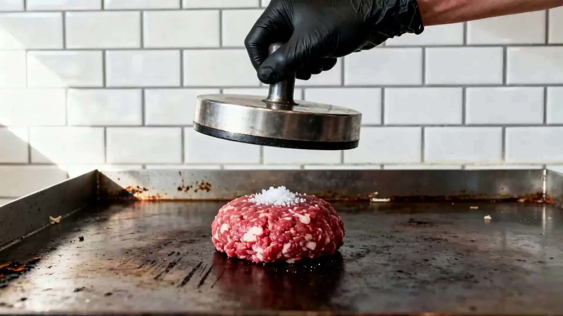 A ball of raw dry-aged beef on a hot flat-top griddle, a gloved hand holding a steel smash press just above it.
