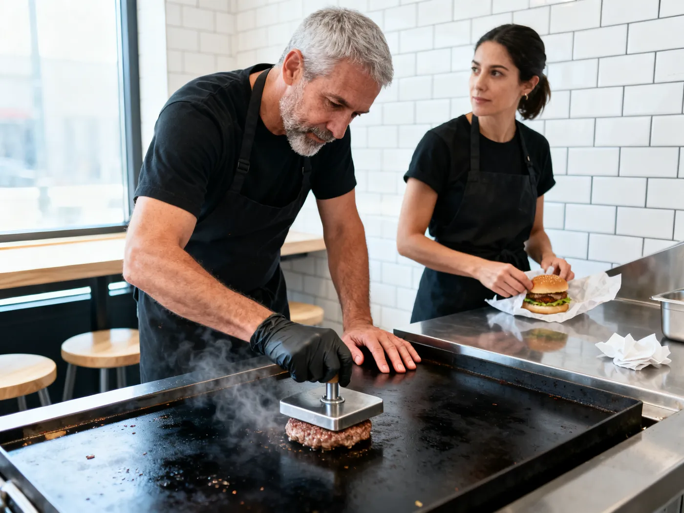 Nils smashing a patty on the griddle while Rana wraps a finished burger at the pass beside him.